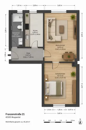2 Zimmer Wohnung mit 45 m² in Wuppertal – Bild 2